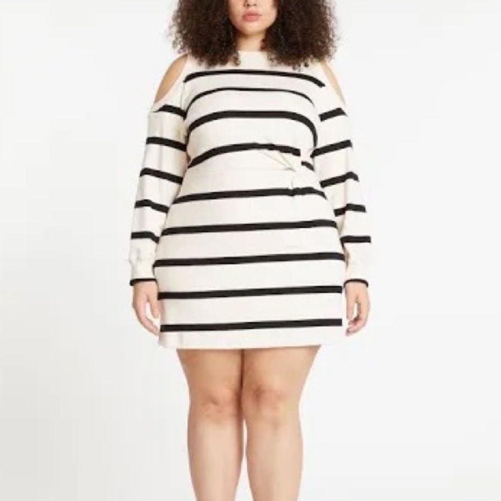 NWT Tanya Taylor Shirley dress cold shoulder plus size 1x cream black stripes